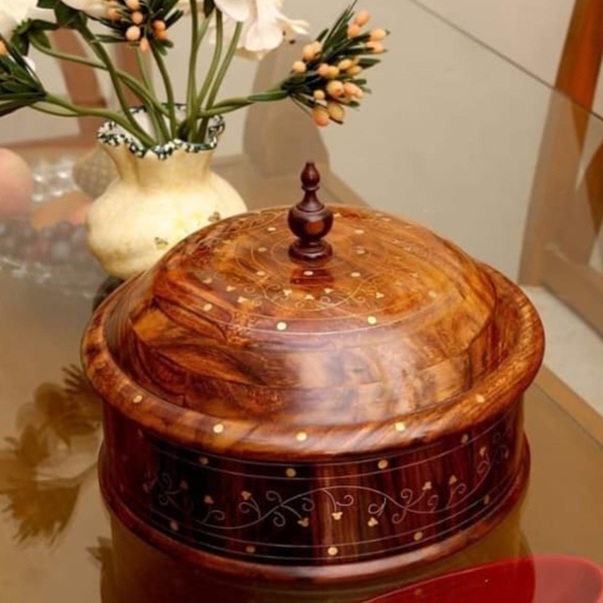 Handcrafted Brass Work Wooden Hotpot for Roti With Stainless Steel Bowl (12 Inches)