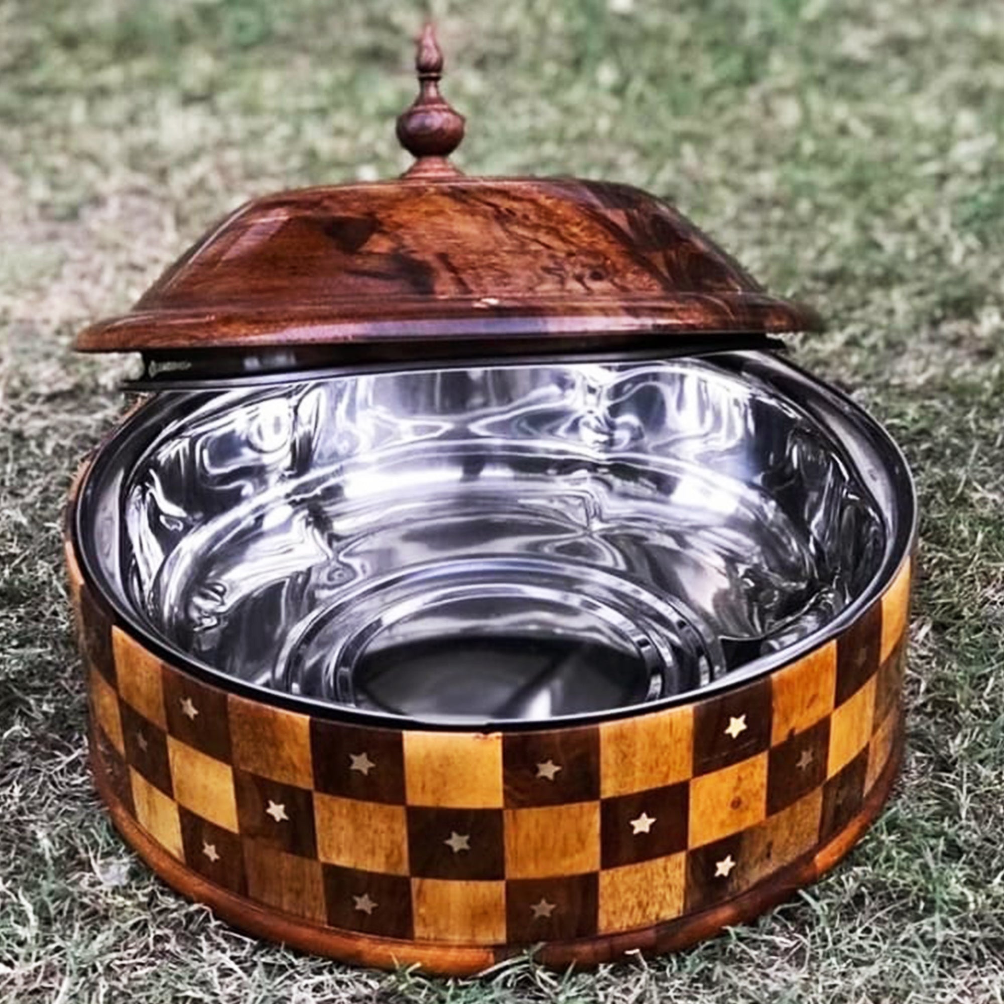 Handcrafted Brass Work Wooden Hotpot for Roti With Stainless Steel Bowl (12 Inches)